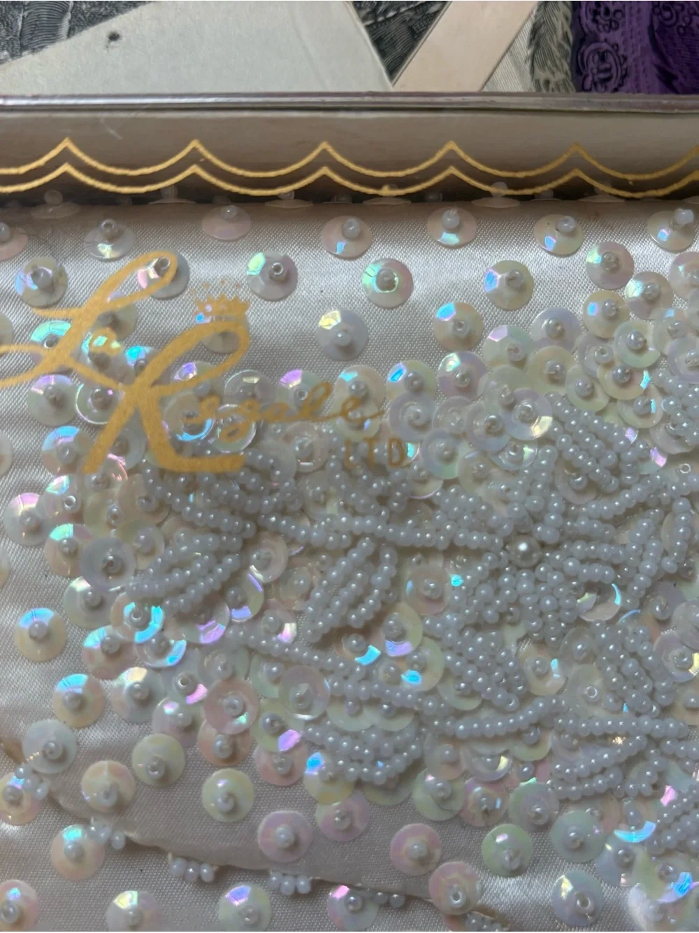 Vintage La Regale Ivory Beaded Sequin Evening Clutch w/ Original Box
